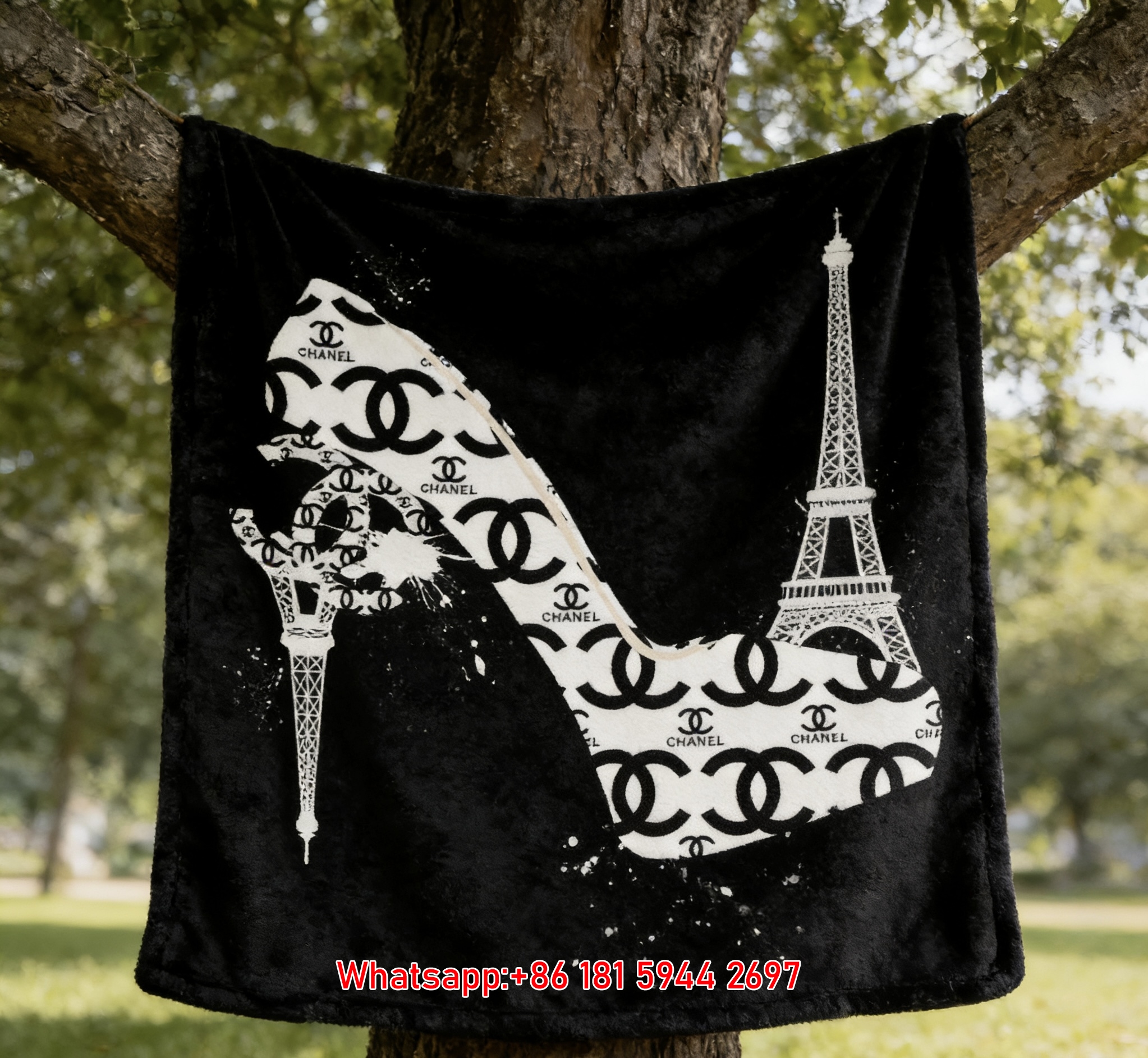 Parisian Chic Chanel Monogram High Heel & Eiffel Tower Flannel Sofa Throw Blanket IMG_6978